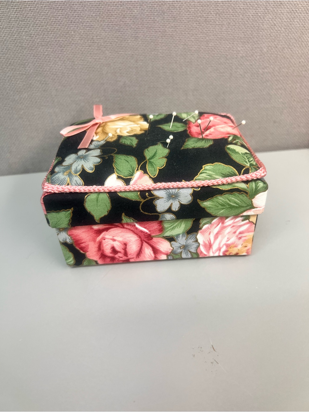 Floral Pink Black Fabric Vintage Sewing Box